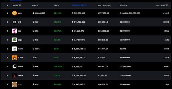 Some of the top BRC-20 tokens. (OrdSpace)