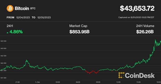 Bitcoin price is up almost 5% over the past 24 hours (CoinDesk)