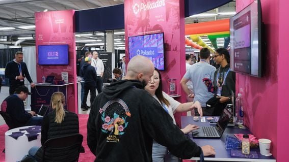 Yes, you saw that right: It's the Polkadot booth at the Ethereum-focused ETHDenver conference. (Sam Kessler)