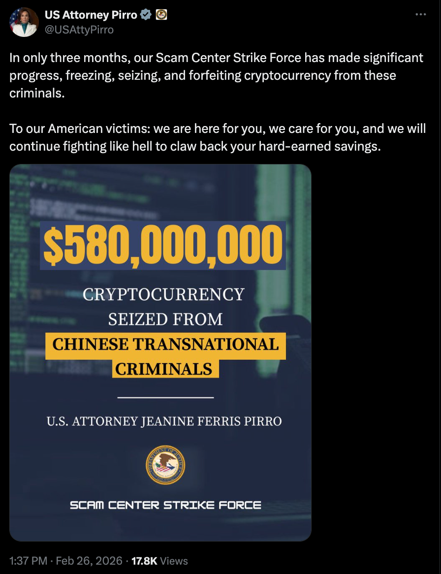 Bộ Tư pháp Hoa Kỳ đã tịch thu và đóng băng 580 triệu đô la tiền điện tử từ "các tội phạm xuyên quốc gia Trung Quốc"