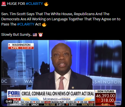 Tim Scott: Đạo luật CLARITY sắp hoàn thành nhưng sự ủng hộ từ ngành vẫn là yếu tố then chốt